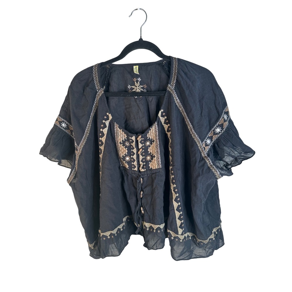 Free People Boho Black Embroidered Mirror Work Peasant Top Size Medium - Picture 2 of 10